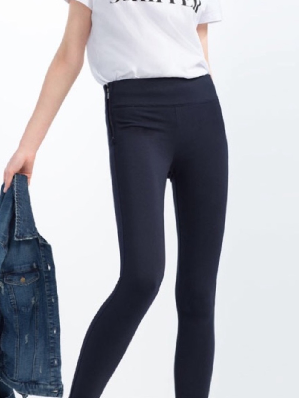 Zara High Waist Skinny Leggings Navy Zip Detail Size L NWT